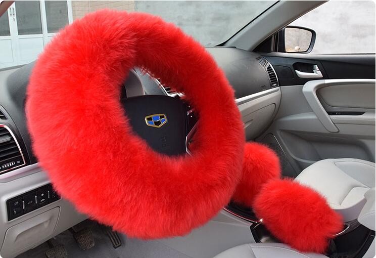 3pcs sets Winter Long Australian Wool Heated Fur Car Steering Wheel Handbrake Gear Shifter Cover - Red