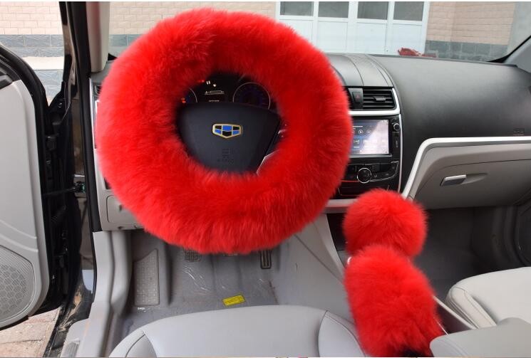 3pcs sets Winter Long Australian Wool Heated Fur Car Steering Wheel Handbrake Gear Shifter Cover - Red