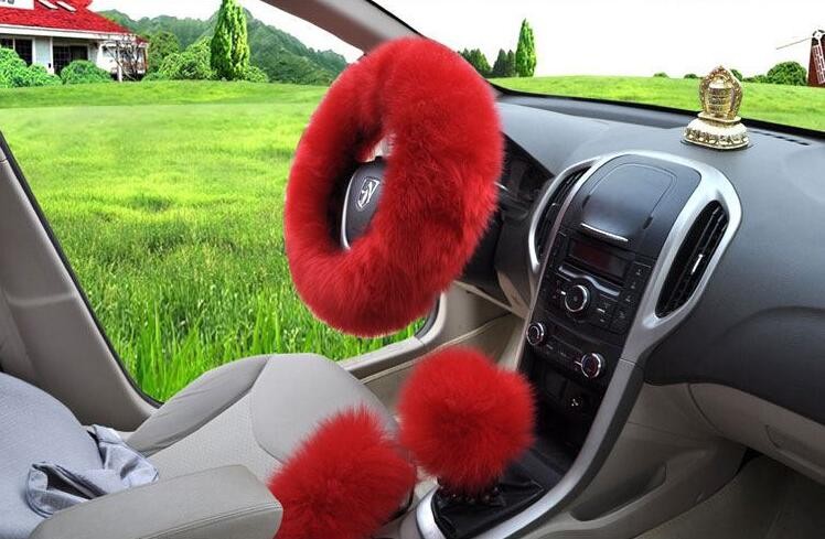 3pcs sets Winter Long Australian Wool Heated Fur Car Steering Wheel Handbrake Gear Shifter Cover - Red