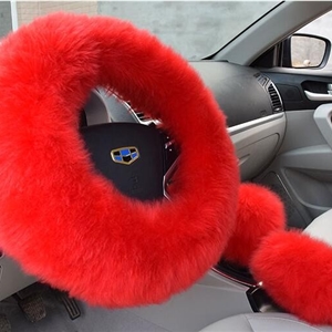 3pcs sets Winter Long Australian Wool Heated Fur Car Steering Wheel Handbrake Gear Shifter Cover - Red