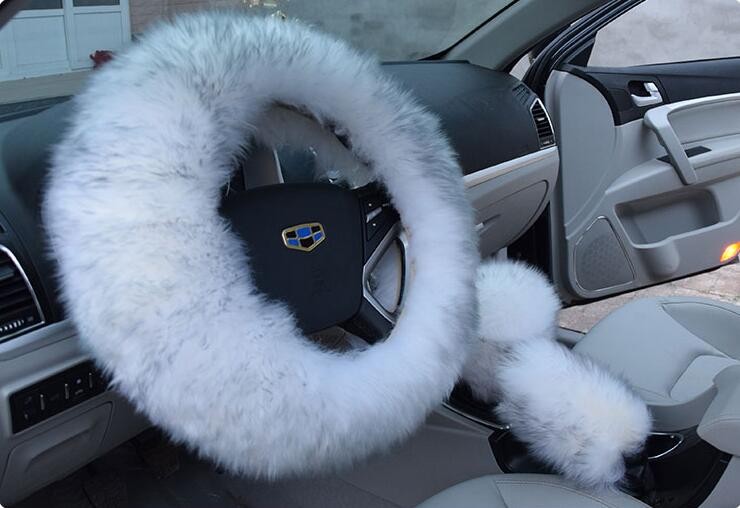 3pcs sets Winter Long Australian Wool Heated Fur Car Steering Wheel Handbrake Gear Shifter Cover - White