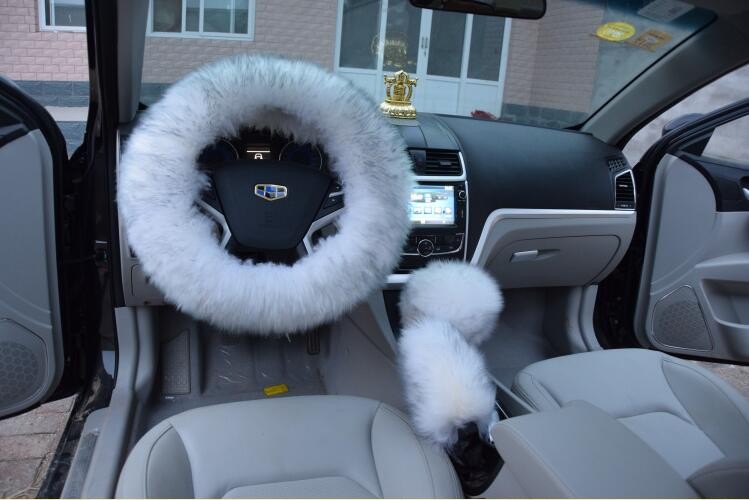 3pcs sets Winter Long Australian Wool Heated Fur Car Steering Wheel Handbrake Gear Shifter Cover - White