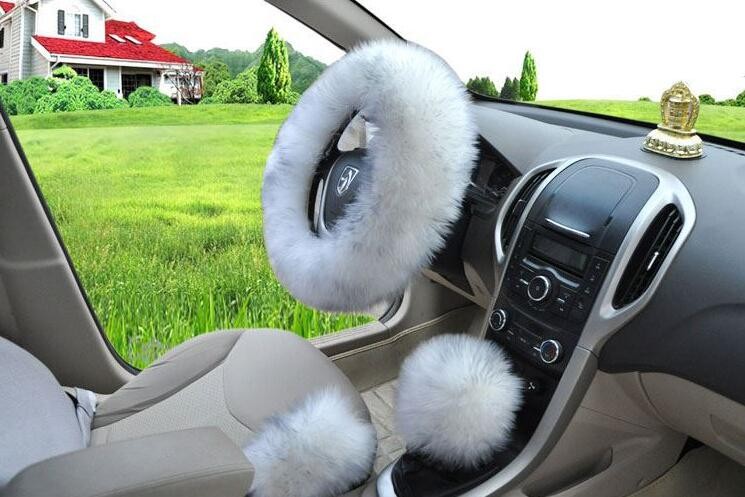 3pcs sets Winter Long Australian Wool Heated Fur Car Steering Wheel Handbrake Gear Shifter Cover - White