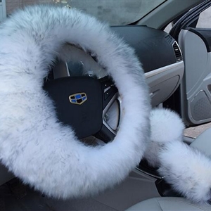 3pcs sets Winter Long Australian Wool Heated Fur Car Steering Wheel Handbrake Gear Shifter Cover - White