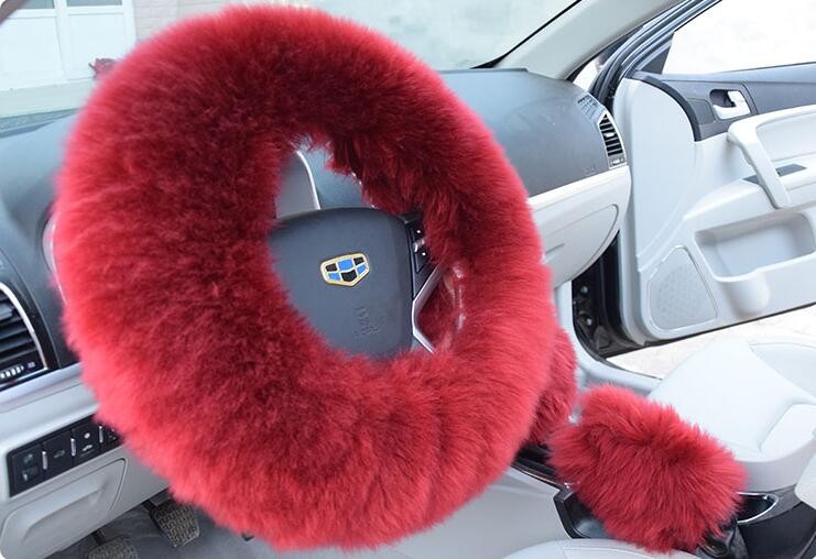 3pcs sets Winter Long Australian Wool Heated Fur Car Steering Wheel Handbrake Gear Shifter Cover - Wine Red