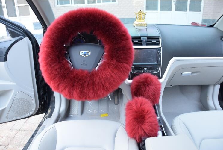 3pcs sets Winter Long Australian Wool Heated Fur Car Steering Wheel Handbrake Gear Shifter Cover - Wine Red