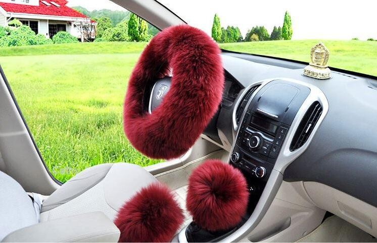3pcs sets Winter Long Australian Wool Heated Fur Car Steering Wheel Handbrake Gear Shifter Cover - Wine Red