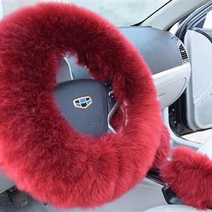3pcs sets Winter Long Australian Wool Heated Fur Car Steering Wheel Handbrake Gear Shifter Cover - Wine Red