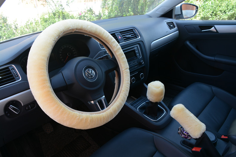 Classical 3pcs sets Winter Plush Fur Universal Car Steering Wheel Cover Handbrake Gear Knob Cover - Beige