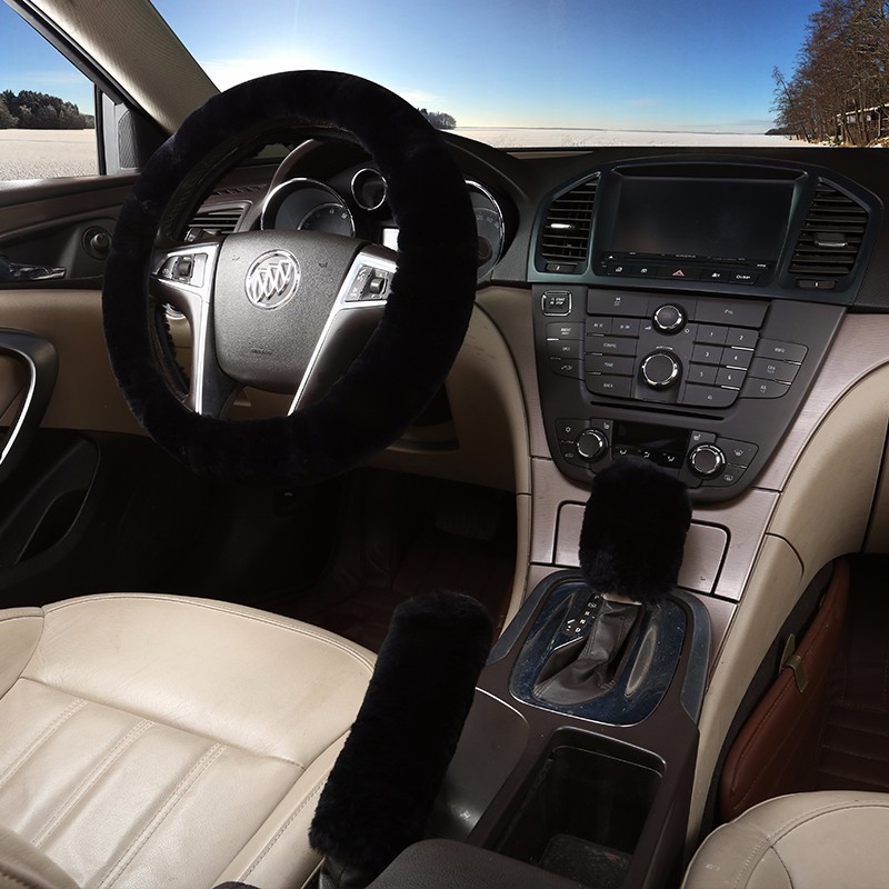 Classical 3pcs sets Winter Plush Fur Universal Car Steering Wheel Cover Handbrake Gear Knob Cover - Black