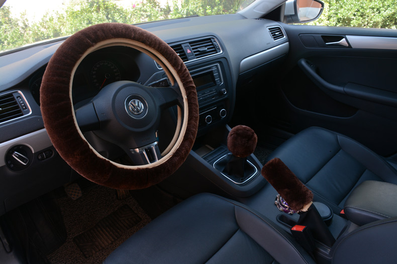 Classical 3pcs sets Winter Plush Fur Universal Car Steering Wheel Cover Handbrake Gear Knob Cover - Brown