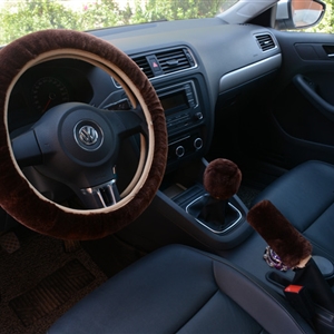 Classical 3pcs sets Winter Plush Fur Universal Car Steering Wheel Cover Handbrake Gear Knob Cover - Brown