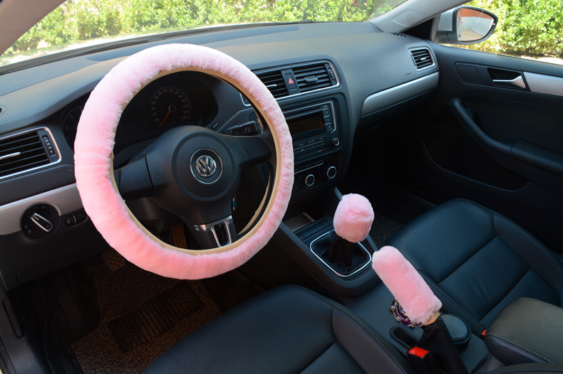 Classical 3pcs sets Winter Plush Fur Universal Car Steering Wheel Cover Handbrake Gear Knob Cover - Pink
