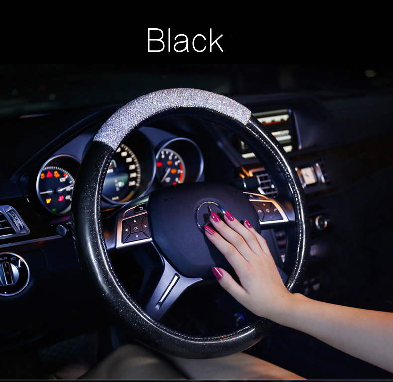 Fashion Girls Diamond Leather Car Steering Wheel Covers Crystal Bing Rhinestons Cases - Black