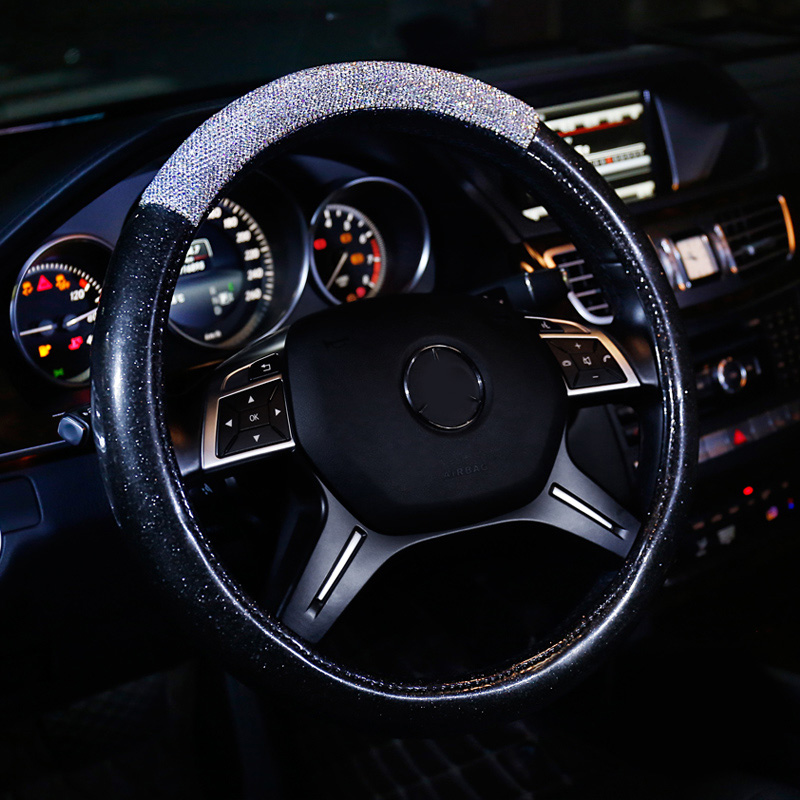 Fashion Girls Diamond Leather Car Steering Wheel Covers Crystal Bing Rhinestons Cases - Black