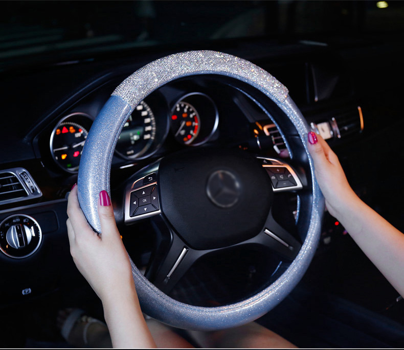 Fashion Girls Diamond Leather Car Steering Wheel Covers Crystal Bing Rhinestons Cases - Blue