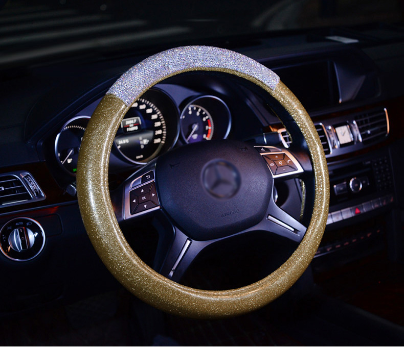 Fashion Girls Diamond Leather Car Steering Wheel Covers Crystal Bing Rhinestons Cases - Gold