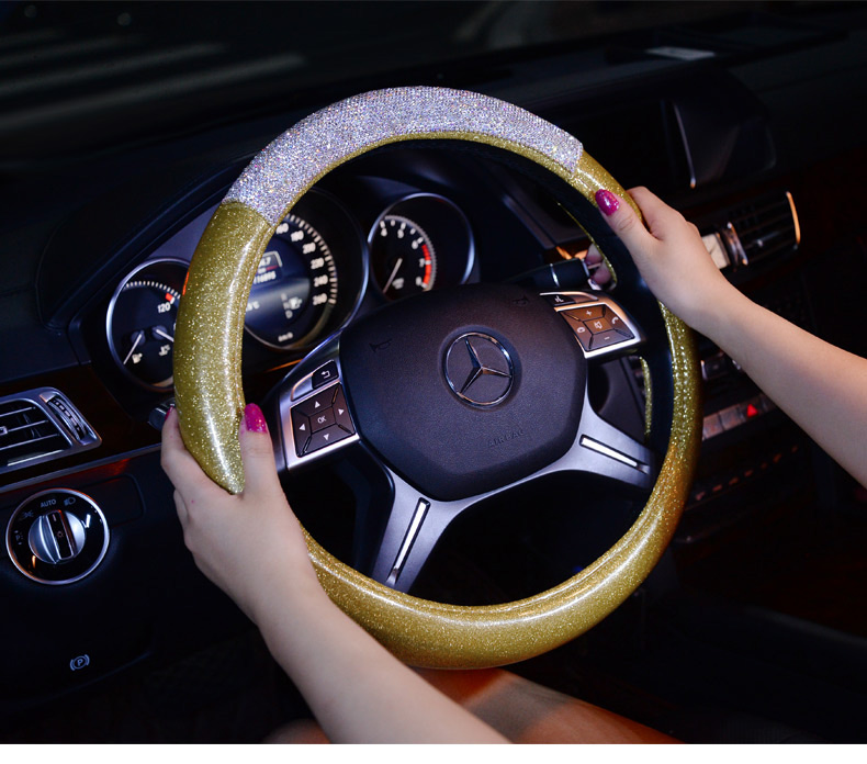 Fashion Girls Diamond Leather Car Steering Wheel Covers Crystal Bing Rhinestons Cases - Gold