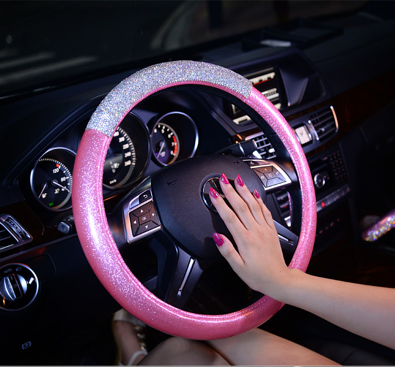 Fashion Girls Diamond Leather Car Steering Wheel Covers Crystal Bing Rhinestons Cases - Pink