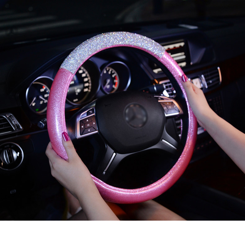 Fashion Girls Diamond Leather Car Steering Wheel Covers Crystal Bing Rhinestons Cases - Pink