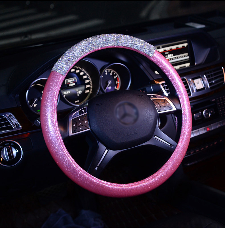 Fashion Girls Diamond Leather Car Steering Wheel Covers Crystal Bing Rhinestons Cases - Pink
