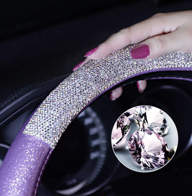 Fashion Girls Diamond Leather Car Steering Wheel Covers Crystal Bing Rhinestons Cases - Black