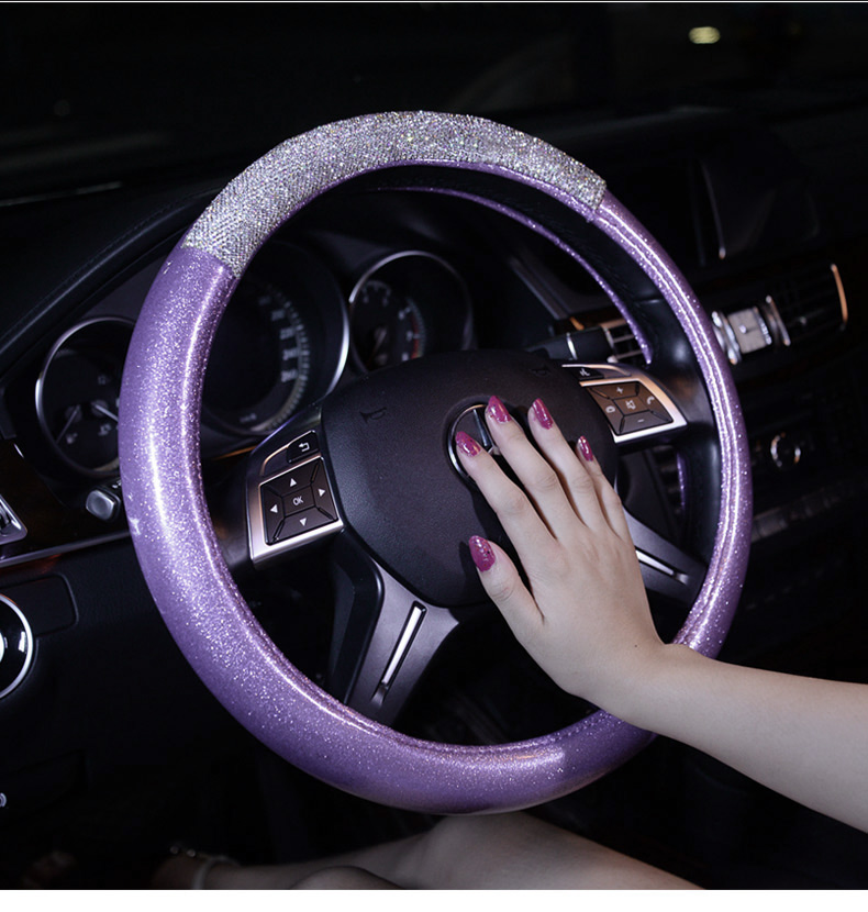 Fashion Girls Diamond Leather Car Steering Wheel Covers Crystal Bing Rhinestons Cases - Purple