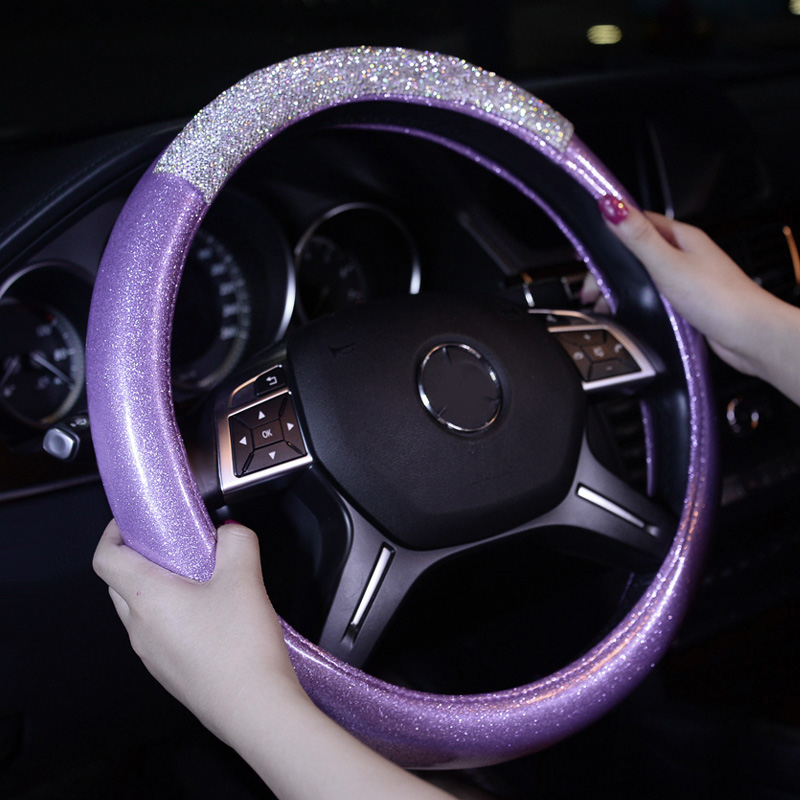 Fashion Girls Diamond Leather Car Steering Wheel Covers Crystal Bing Rhinestons Cases - Purple