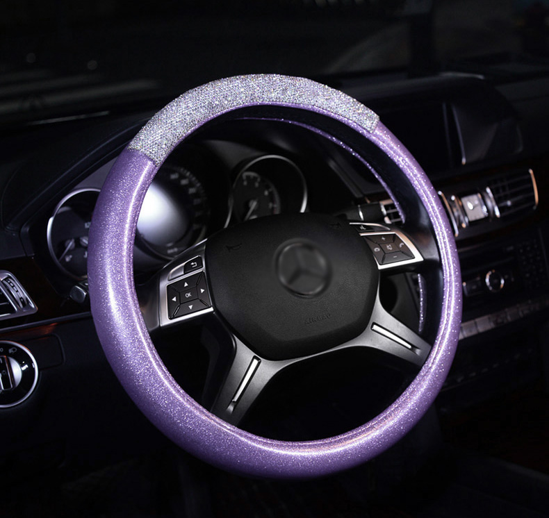 Fashion Girls Diamond Leather Car Steering Wheel Covers Crystal Bing Rhinestons Cases - Purple