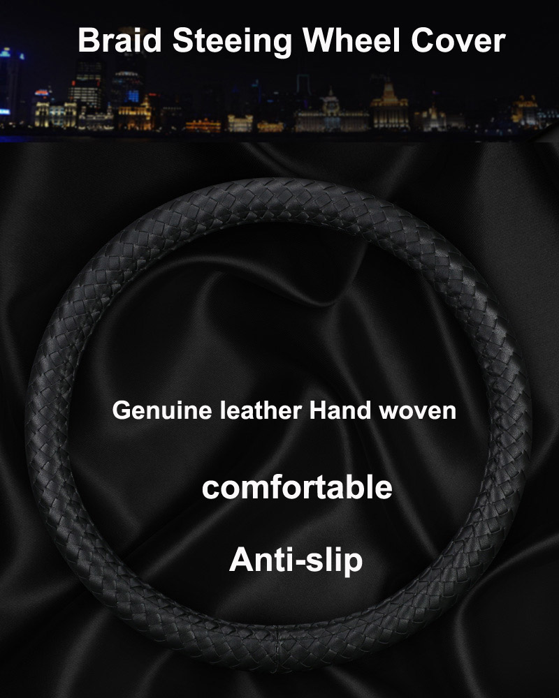 Fashion Woven Genuine Leather Car Steering Wheel Covers 15 inch 38CM - Black