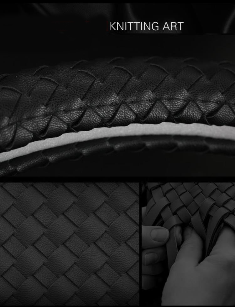 Fashion Woven Genuine Leather Car Steering Wheel Covers 15 inch 38CM - Black