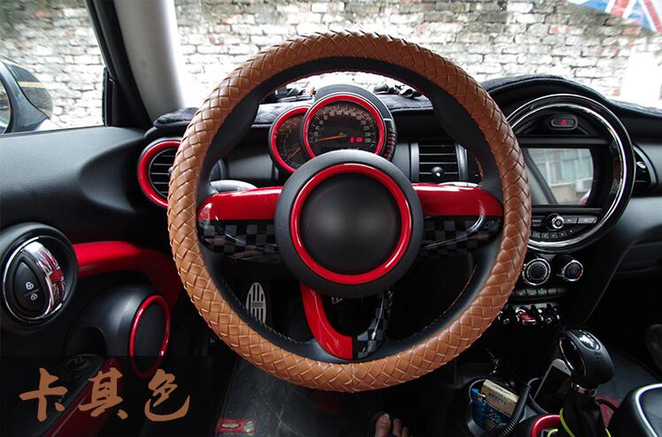 Fashion Woven Genuine Leather Car Steering Wheel Covers 15 inch 38CM - Brown
