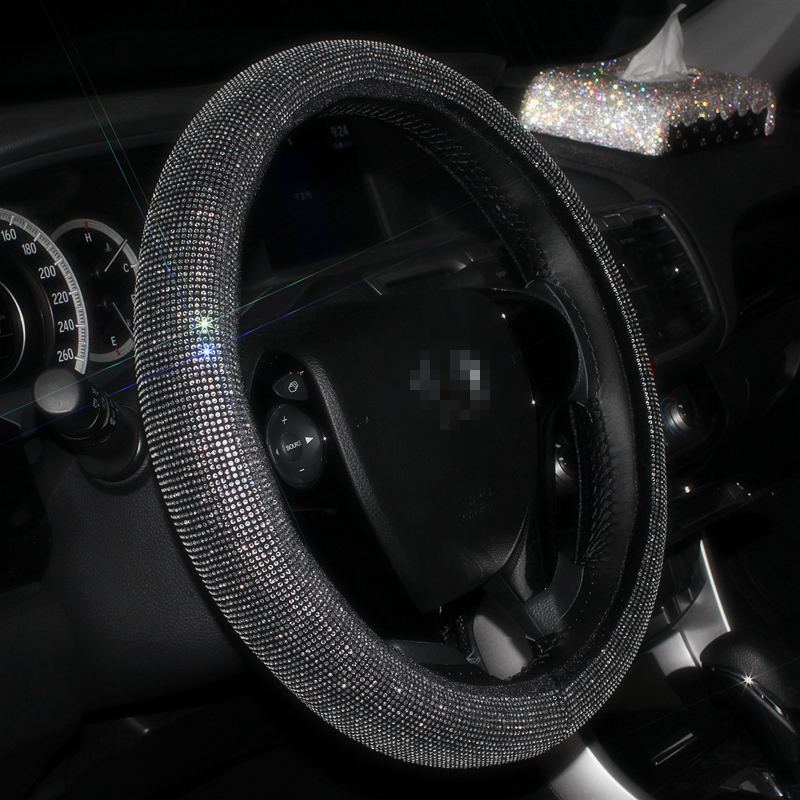 Luxury Full Diamod Rhinestone Leather Auto General Anti-slip Crystal Car Steering Wheel Cover Women - All Black