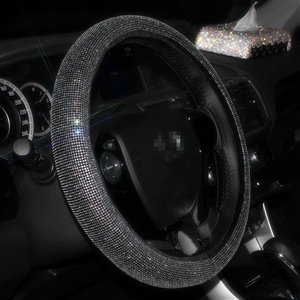Luxury Full Diamod Rhinestone Leather Auto General Anti-slip Crystal Car Steering Wheel Cover Women - All Black