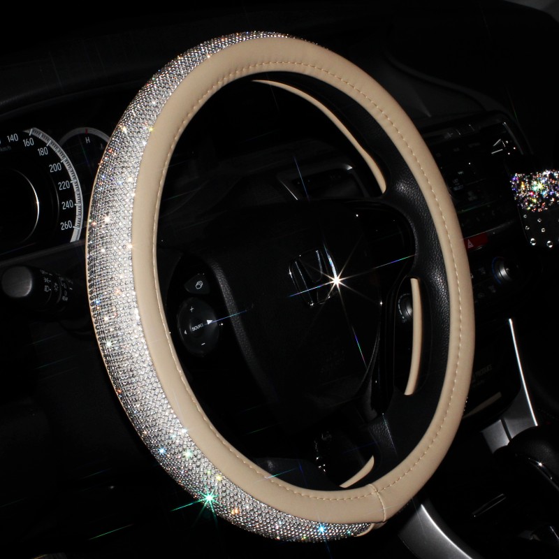 Luxury Full Diamod Rhinestone Leather Auto General Anti-slip Crystal Car Steering Wheel Cover Women - Beige Silver