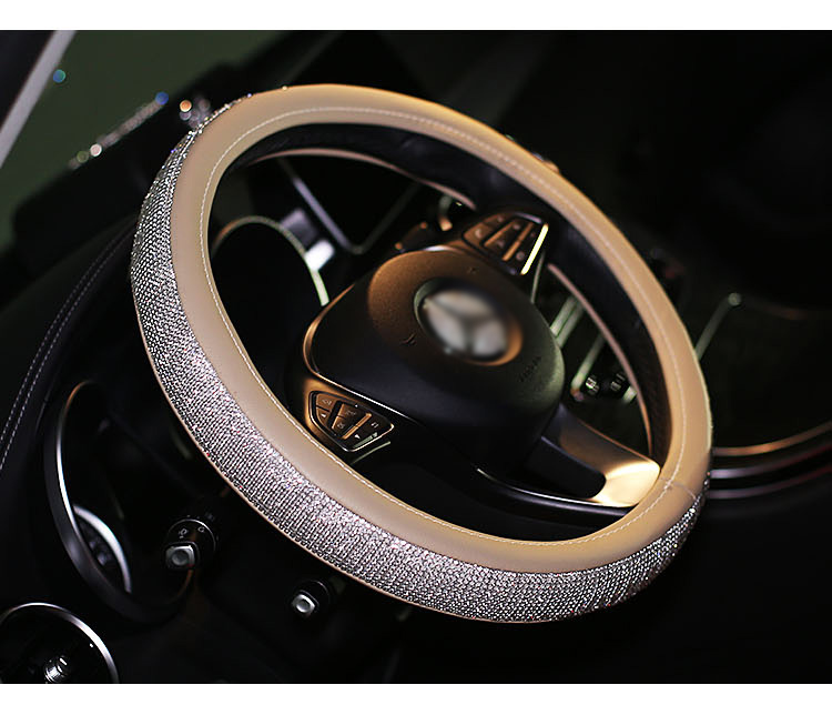 Luxury Full Diamod Rhinestone Leather Auto General Anti-slip Crystal Car Steering Wheel Cover Women - Beige Silver
