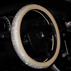 Luxury Full Diamod Rhinestone Leather Auto General Anti-slip Crystal Car Steering Wheel Cover Women - Beige Silver