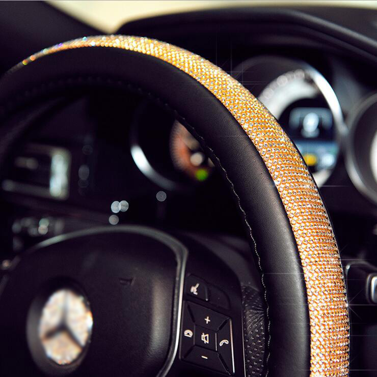 Luxury Full Diamod Rhinestone Leather Auto General Anti-slip Crystal Car Steering Wheel Cover Women - Black Gold