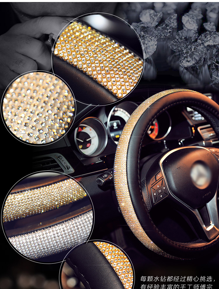 Luxury Full Diamod Rhinestone Leather Auto General Anti-slip Crystal Car Steering Wheel Cover Women - Black Gold