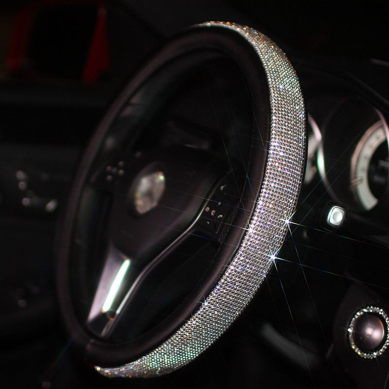 Luxury Full Diamod Rhinestone Leather Auto General Anti-slip Crystal Car Steering Wheel Cover Women - Black Silver