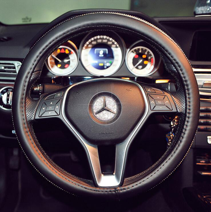 Luxury Full Diamod Rhinestone Leather Auto General Anti-slip Crystal Car Steering Wheel Cover Women - Black Silver