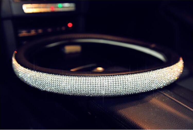 Luxury Full Diamod Rhinestone Leather Auto General Anti-slip Crystal Car Steering Wheel Cover Women - Black Silver