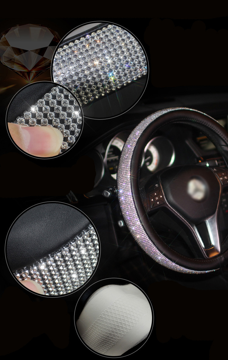 Luxury Full Diamod Rhinestone Leather Auto General Anti-slip Crystal Car Steering Wheel Cover Women - Black Silver