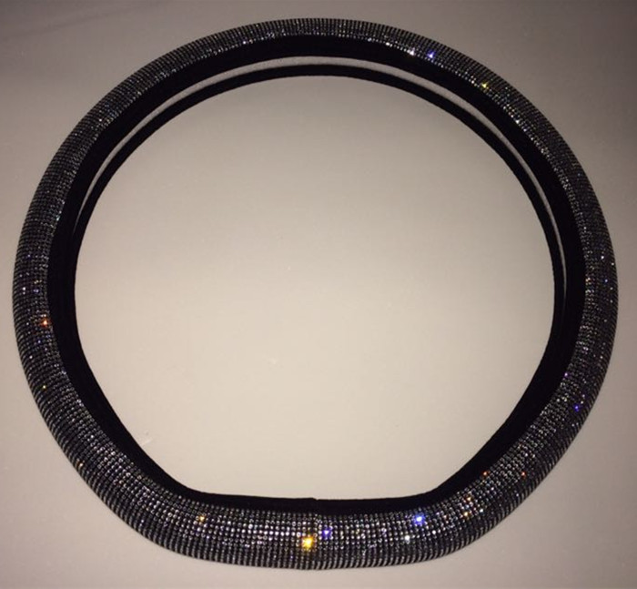 Luxury Full Diamod Rhinestone Leather Auto General Anti-slip Crystal Car Steering Wheel Cover Women - D Black