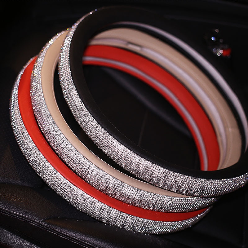 Luxury Full Diamod Rhinestone Leather Auto General Anti-slip Crystal Car Steering Wheel Cover Women - Red Silver