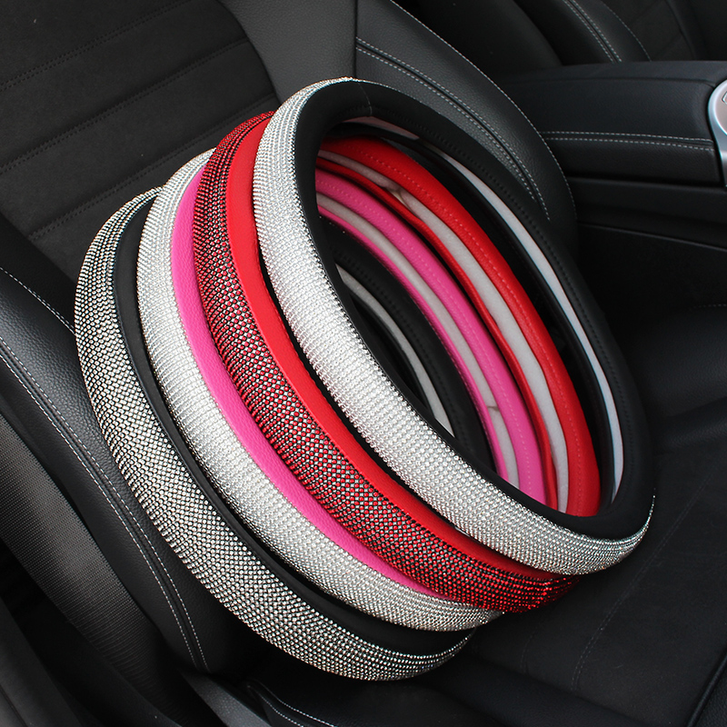 Luxury Full Diamod Rhinestone Leather Auto General Anti-slip Crystal Car Steering Wheel Cover Women - Purple Silver