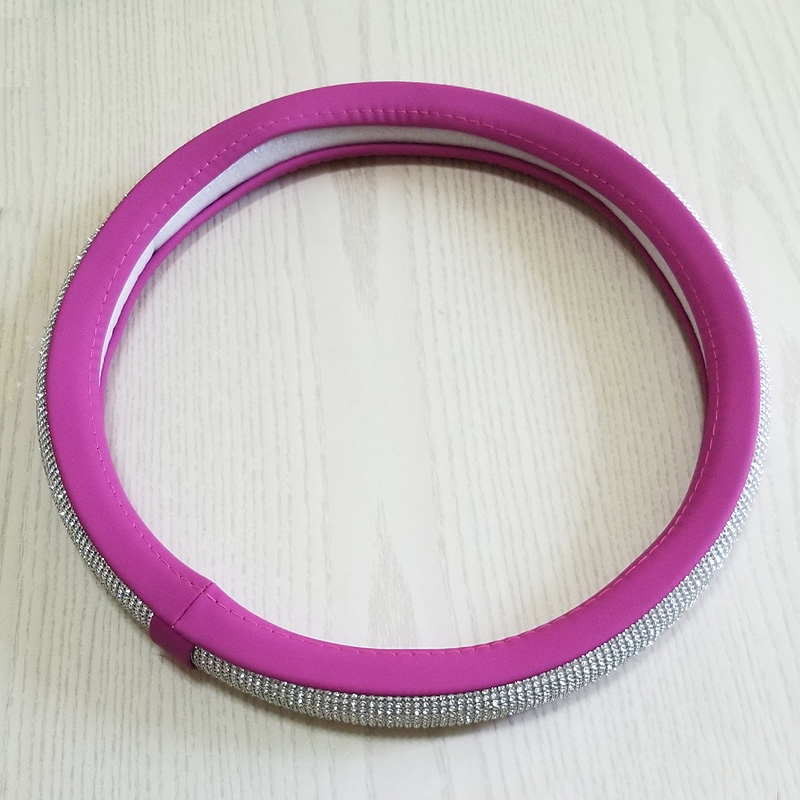 Luxury Full Diamod Rhinestone Leather Auto General Anti-slip Crystal Car Steering Wheel Cover Women - Purple Silver