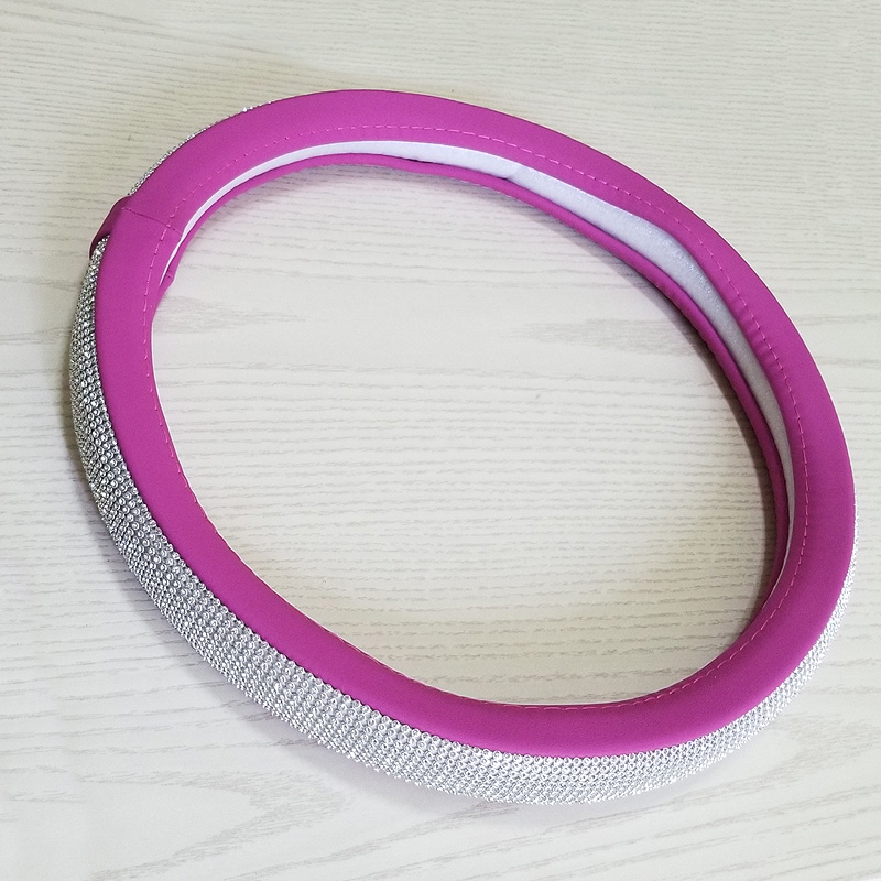Luxury Full Diamod Rhinestone Leather Auto General Anti-slip Crystal Car Steering Wheel Cover Women - Purple Silver