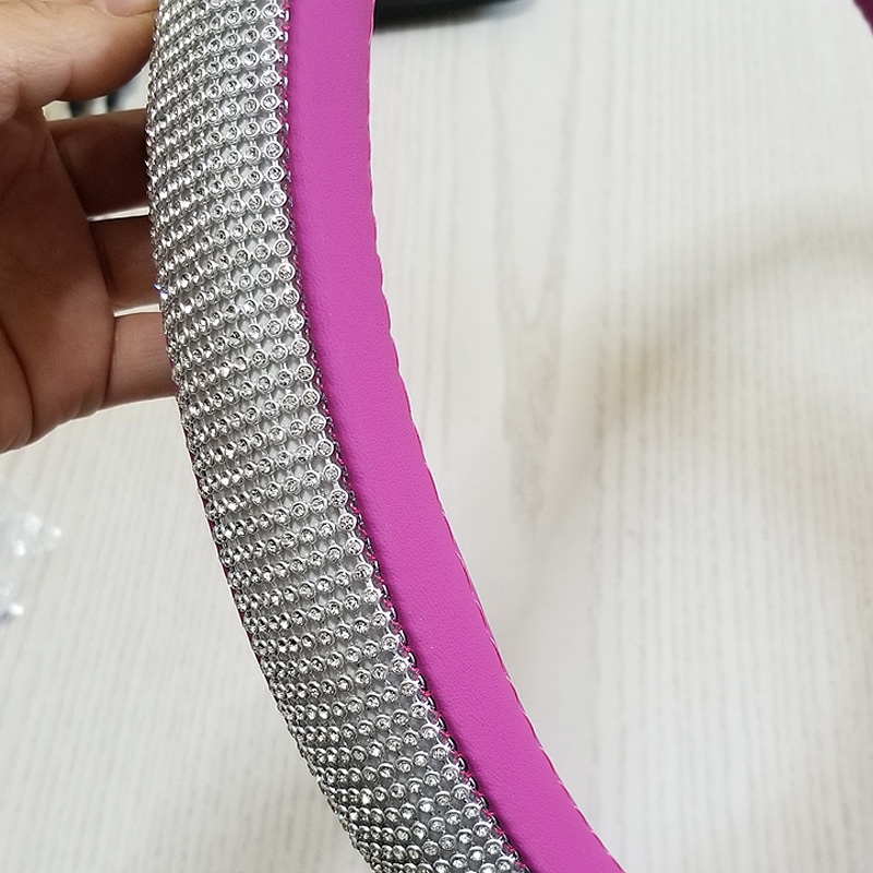 Luxury Full Diamod Rhinestone Leather Auto General Anti-slip Crystal Car Steering Wheel Cover Women - Purple Silver