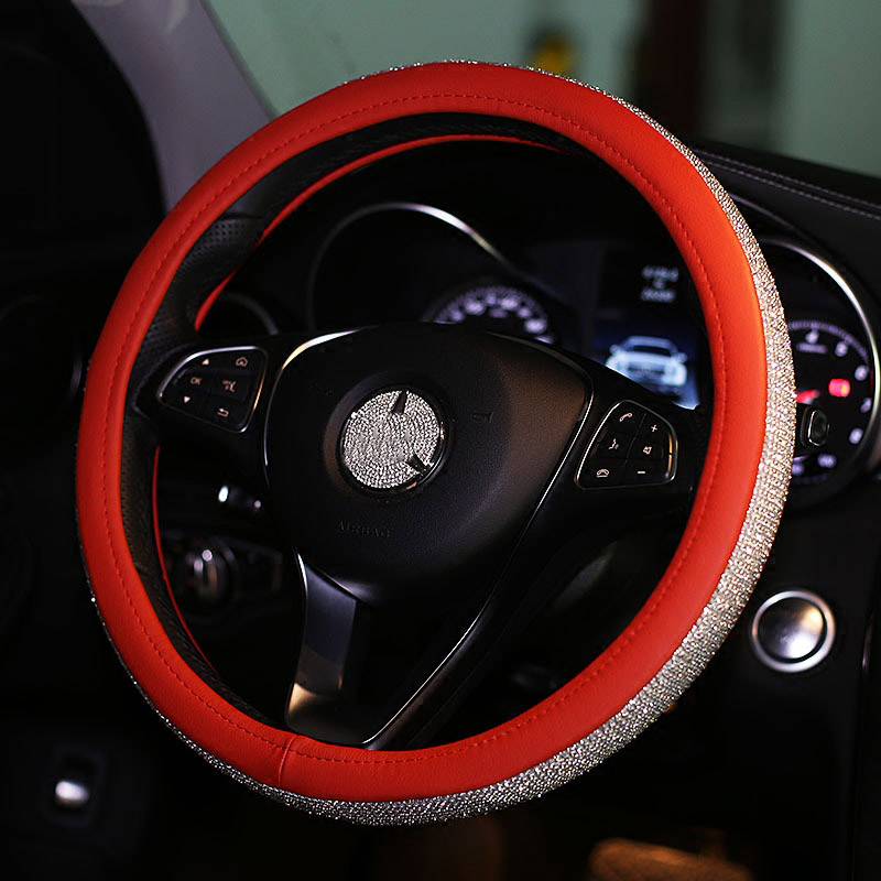 Luxury Full Diamod Rhinestone Leather Auto General Anti-slip Crystal Car Steering Wheel Cover Women - Red Silver